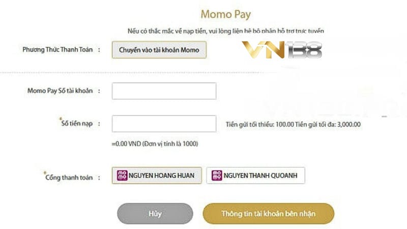 Nạp tiền VN138 thông qua ví momo